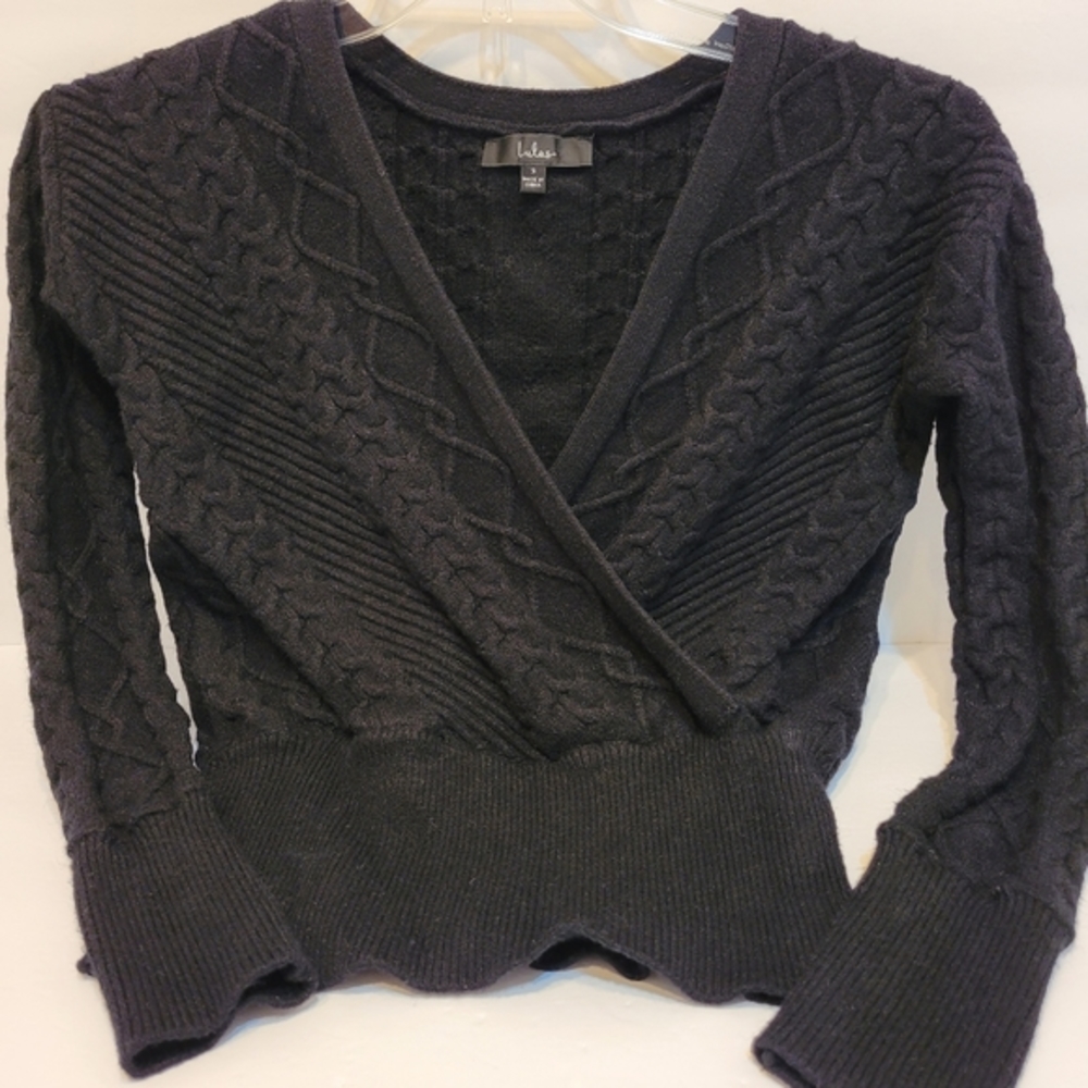 Lulus Surplice Wrap Sweater Womens S Black Excellent Cable Knit V-Neck Cropped